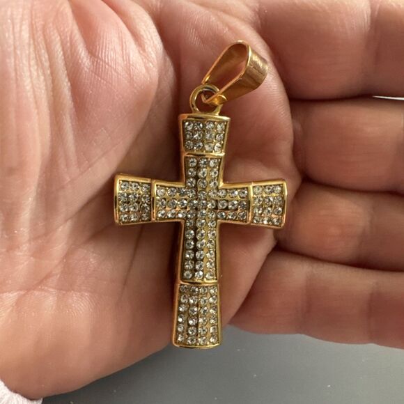 Cross Pendant Stainless Steel Cubic Zirconia 24” Chain Necklace Hip Hop Gold Men - Picture 4 of 6